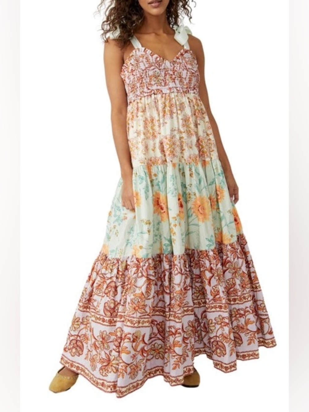 Free People Bluebell Maxi Multi Print Dress with Satin Ties